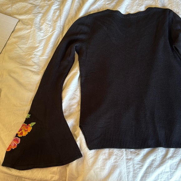 Faded Glory Sweater, Black Soot Color, Embroidered Flower Bell Sleeves. Size S - Picture 2 of 6